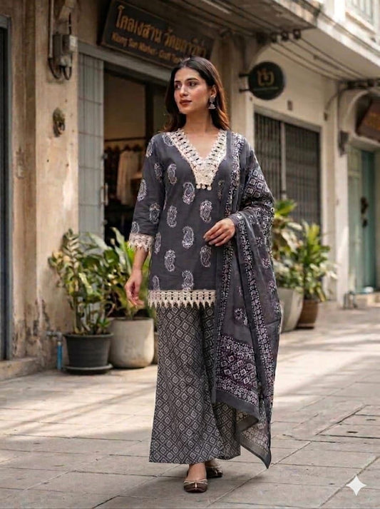 Elegant Slate Grey Handblock Print Kurta Palazzo Set with Dupatta