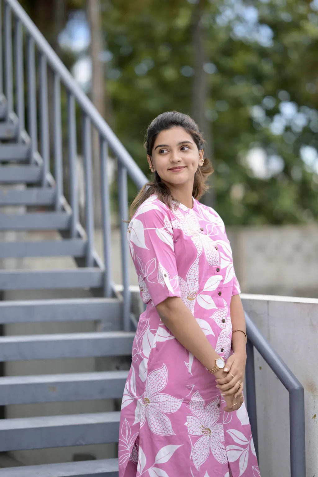 Pink Floral Printed Cotton Straight Kurti for Women | Elegant Casual & Daily Wear
