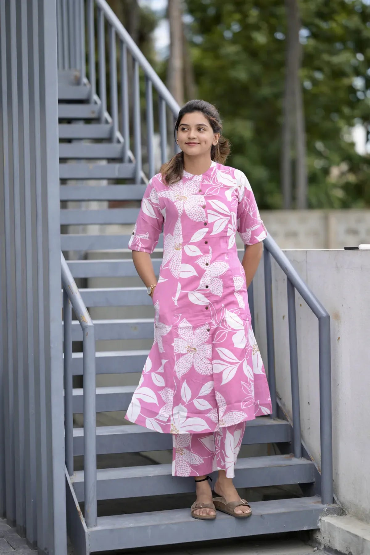 Pink Floral Printed Cotton Straight Kurti for Women | Elegant Casual & Daily Wear
