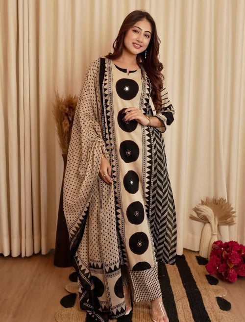 Beige & Black Geometric Printed Kurta Set with Coordinated Dupatta | Elegant Ethnic Wear for Women