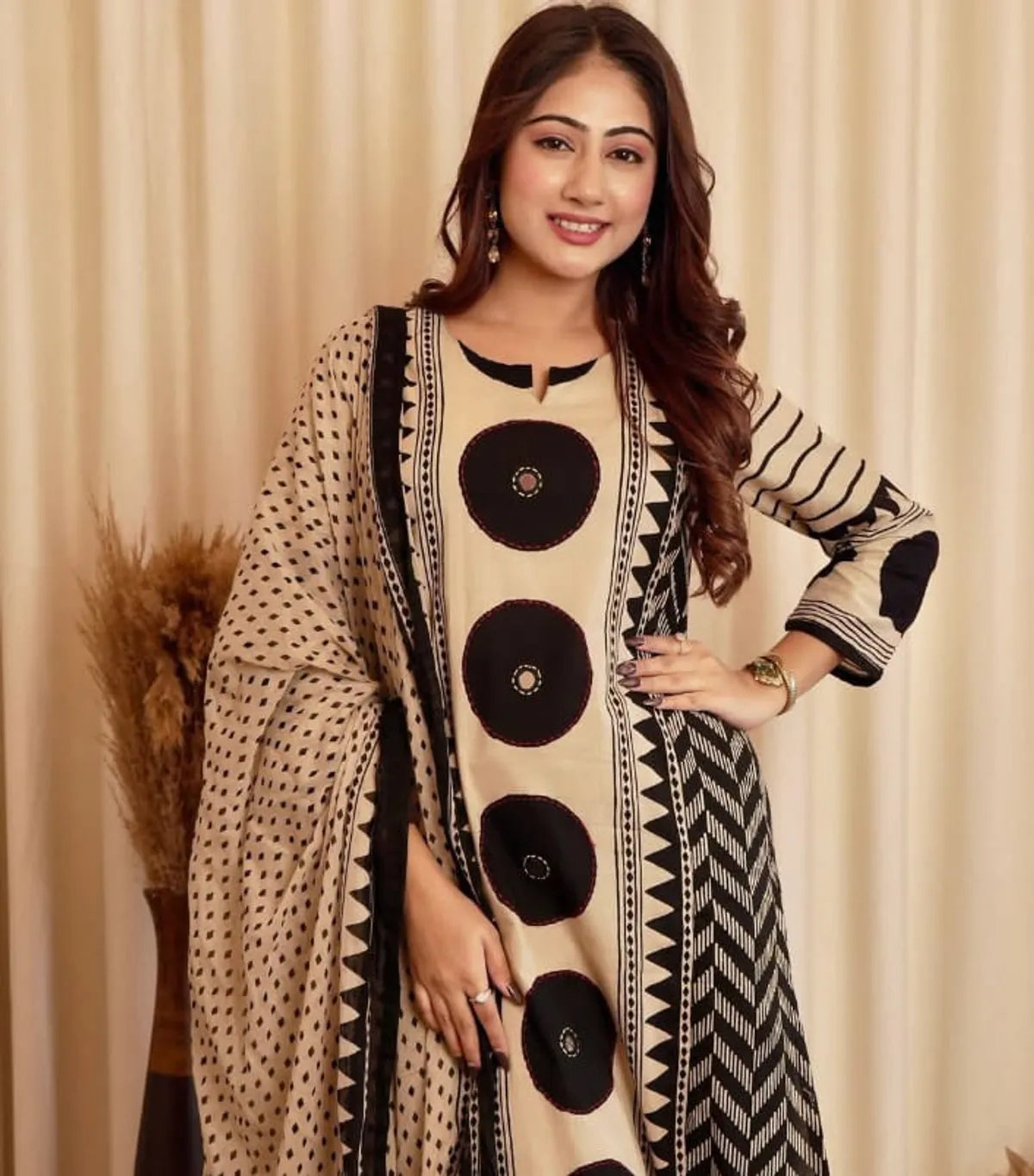 Beige & Black Geometric Printed Kurta Set with Coordinated Dupatta | Elegant Ethnic Wear for Women