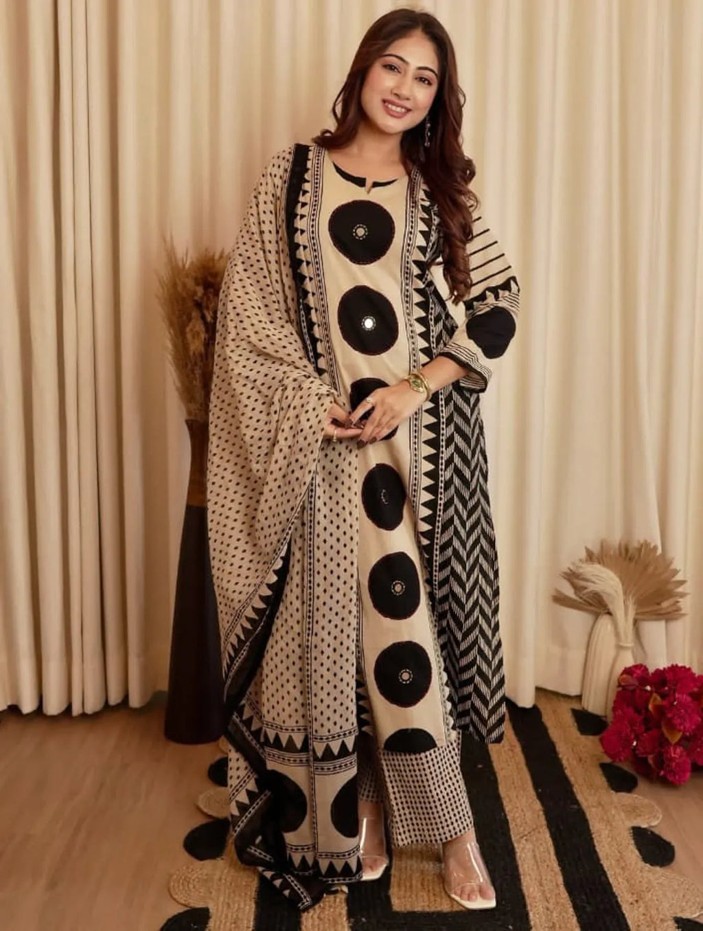 Beige & Black Geometric Printed Kurta Set with Coordinated Dupatta | Elegant Ethnic Wear for Women