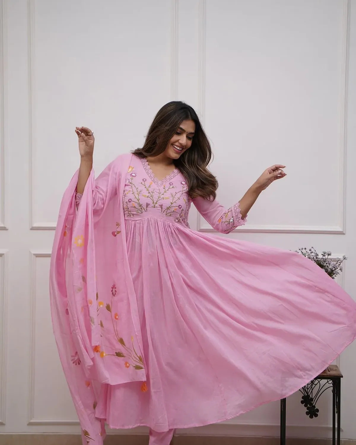 Blush Pink Embroidered Anarkali Kurta Set with Floral Dupatta | Elegant Ethnic Wear for Women