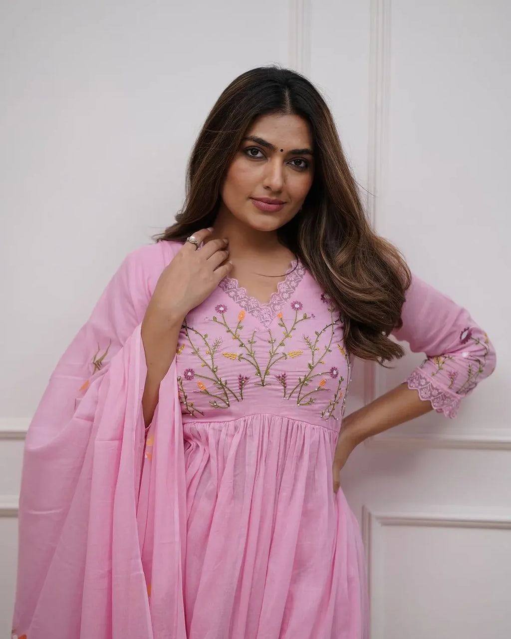 Blush Pink Embroidered Anarkali Kurta Set with Floral Dupatta | Elegant Ethnic Wear for Women