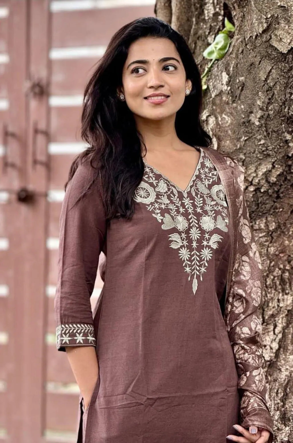 Brown Embroidered Kurta Pant Set with Printed Dupatta | Elegant Women's Ethnic Wear