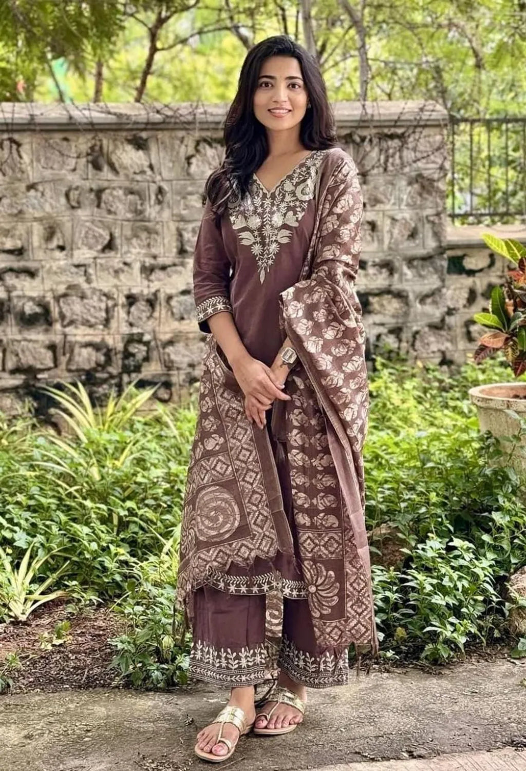 Brown Embroidered Kurta Pant Set with Printed Dupatta | Elegant Women's Ethnic Wear