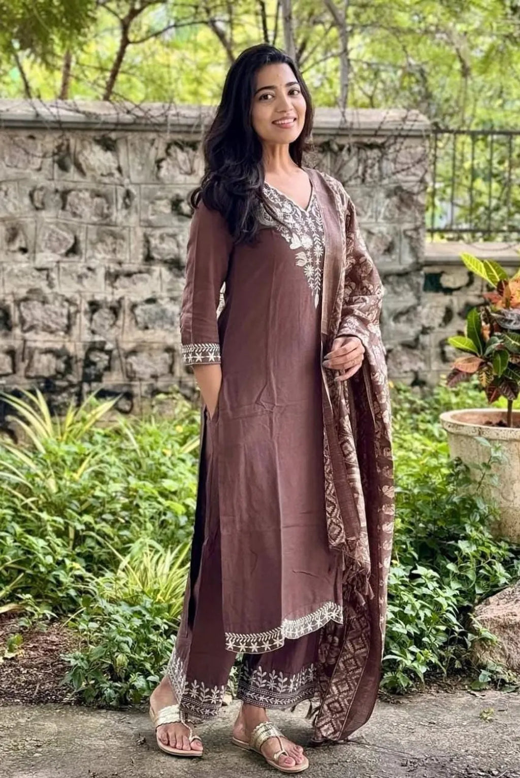 Brown Embroidered Kurta Pant Set with Printed Dupatta | Elegant Women's Ethnic Wear