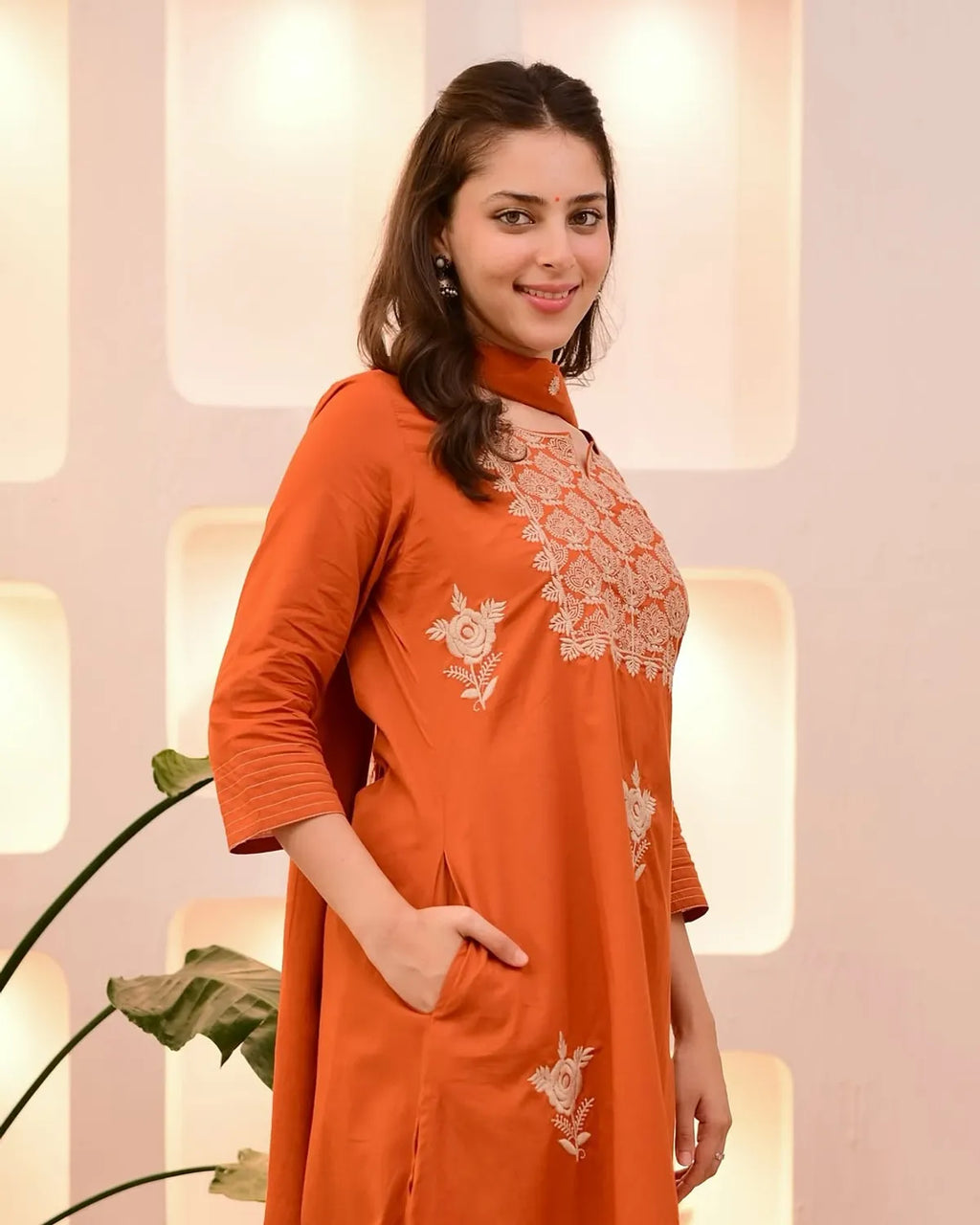 Burnt Orange Embroidered Kurta Pant Set with Chiffon Dupatta | Elegant Women's Ethnic Wear