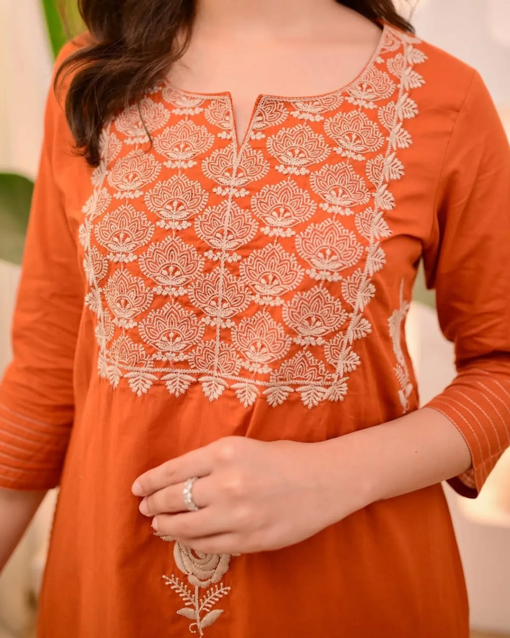 Burnt Orange Embroidered Kurta Pant Set with Chiffon Dupatta | Elegant Women's Ethnic Wear