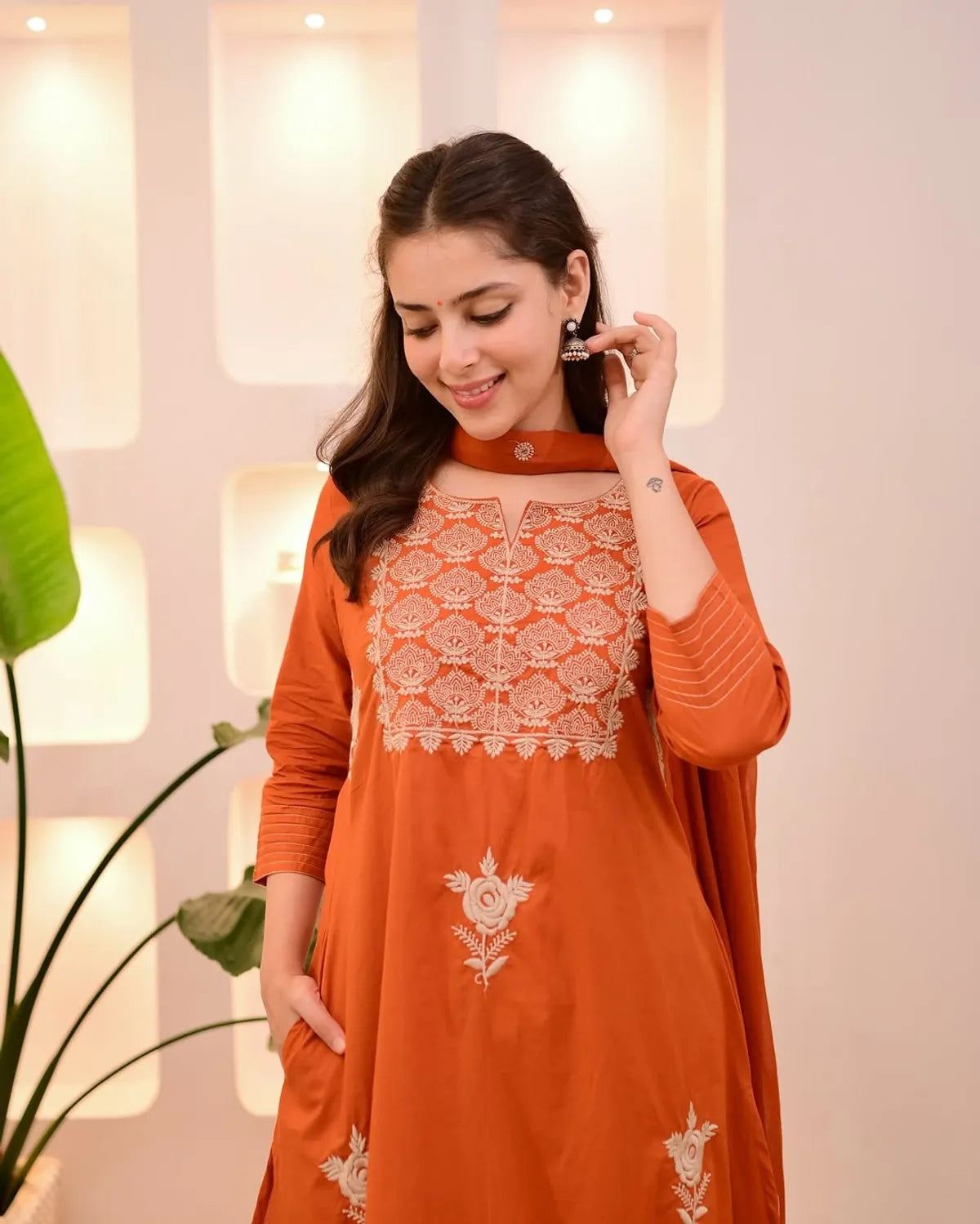 Burnt Orange Embroidered Kurta Pant Set with Chiffon Dupatta | Elegant Women's Ethnic Wear