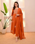 Burnt Orange Embroidered Kurta Pant Set with Chiffon Dupatta | Elegant Women's Ethnic Wear