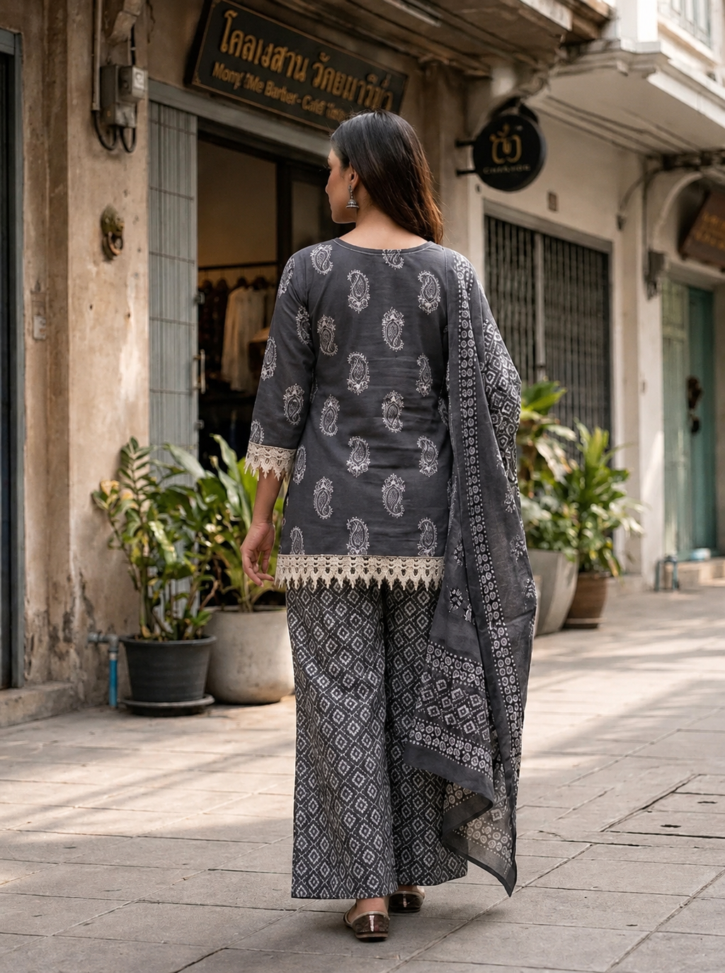 Elegant Slate Grey Handblock Print Kurta Palazzo Set with Dupatta