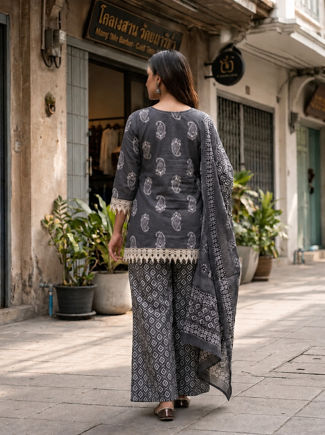 Elegant Slate Grey Handblock Print Kurta Palazzo Set with Dupatta