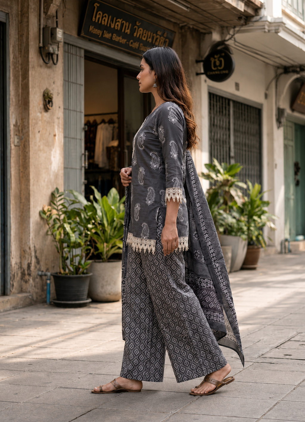 Elegant Slate Grey Handblock Print Kurta Palazzo Set with Dupatta