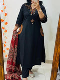 Classic Black Straight Kurta Pant Set with Maroon Printed Dupatta | Elegant Women's Ethnic Wear