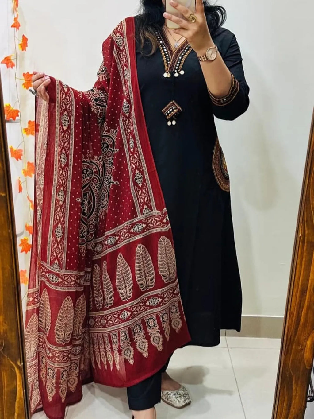 Classic Black Straight Kurta Pant Set with Maroon Printed Dupatta | Elegant Women's Ethnic Wear