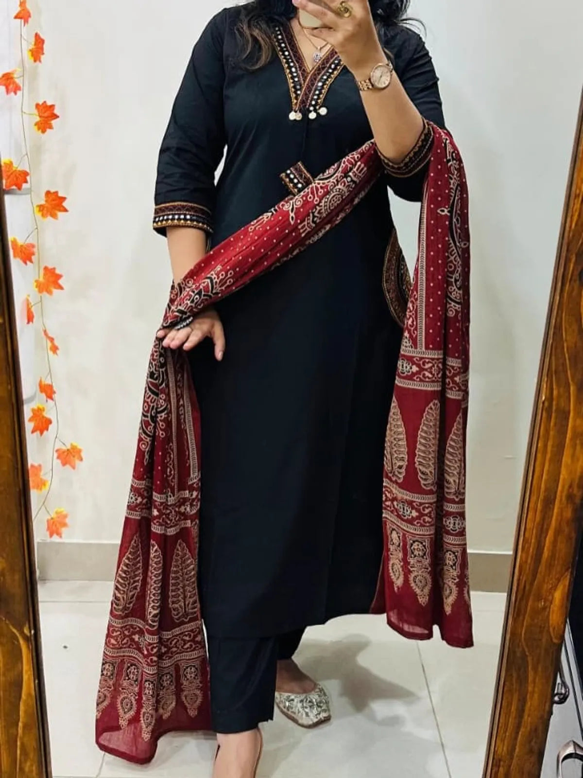 Classic Black Straight Kurta Pant Set with Maroon Printed Dupatta | Elegant Women's Ethnic Wear