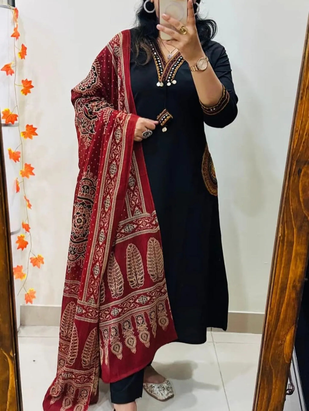 Classic Black Straight Kurta Pant Set with Maroon Printed Dupatta | Elegant Women's Ethnic Wear
