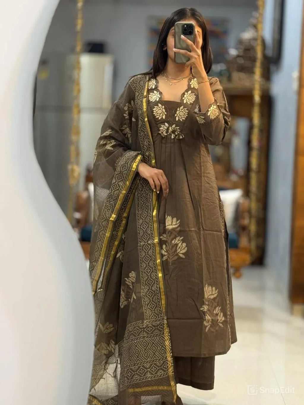 Coffee Brown Embroidered Cotton Kurta Pant Set with Printed Dupatta | Elegant Women's Ethnic Wear
