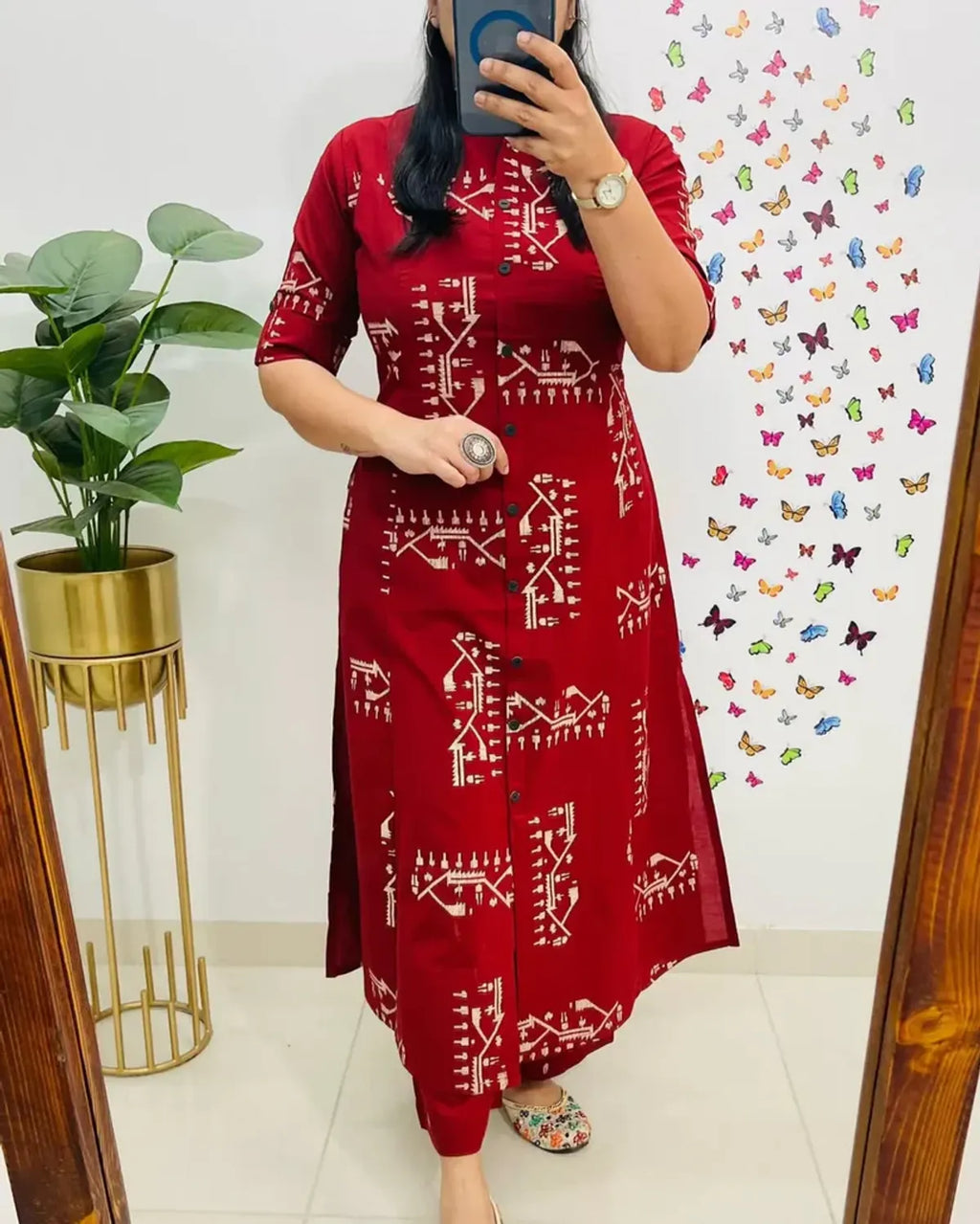 Crimson Red Tribal Print Button-Down Kurta Pant Set | Stylish Women's Cotton Ethnic Wear