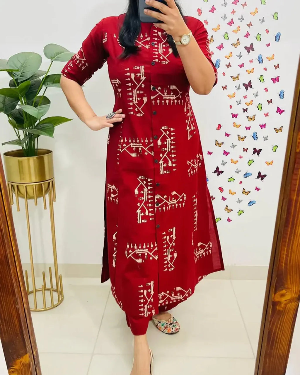 Crimson Red Tribal Print Button-Down Kurta Pant Set | Stylish Women's Cotton Ethnic Wear
