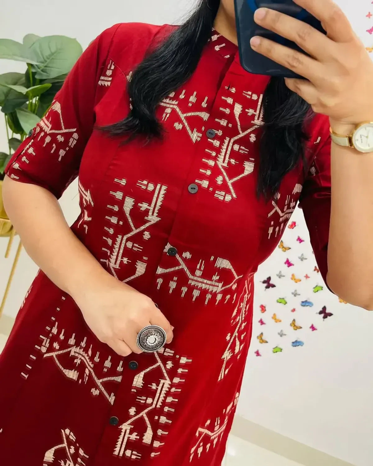 Crimson Red Tribal Print Button-Down Kurta Pant Set | Stylish Women's Cotton Ethnic Wear