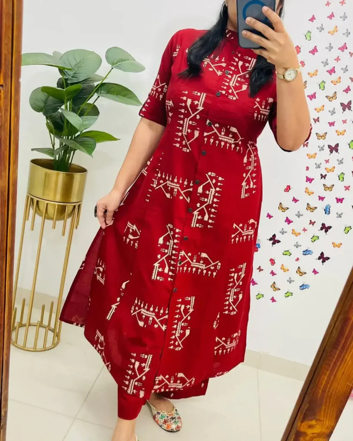 Crimson Red Tribal Print Button-Down Kurta Pant Set | Stylish Women's Cotton Ethnic Wear