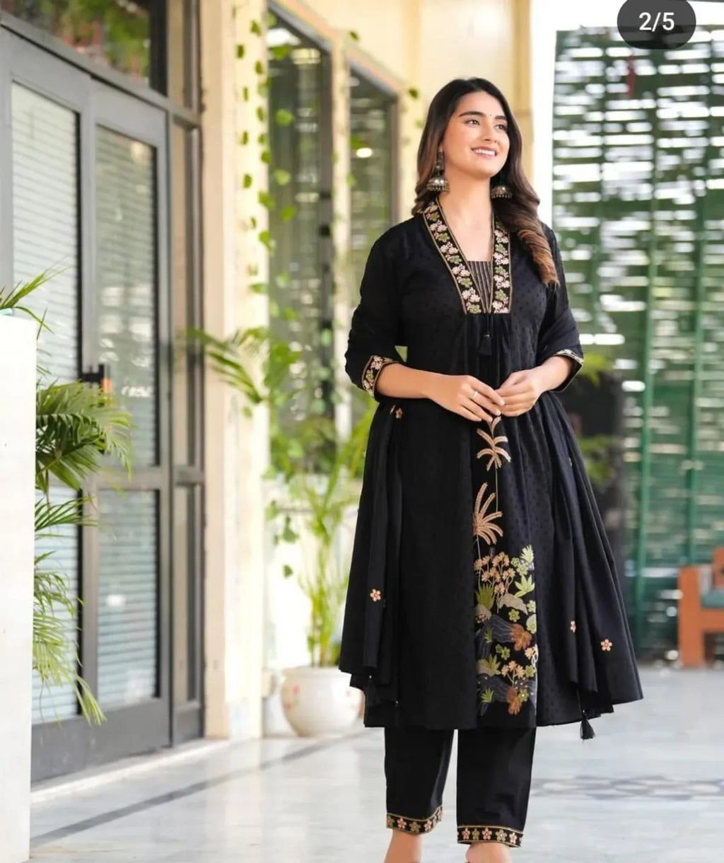 Elegant Black Embroidered Cotton Kurti Pant & Dupatta Set for Women | Festive & Ethnic Wear