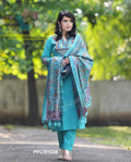 Elegant Teal Blue Embroidered Kurta Pant & Printed Dupatta Set for Women | Ethnic Cotton Suit