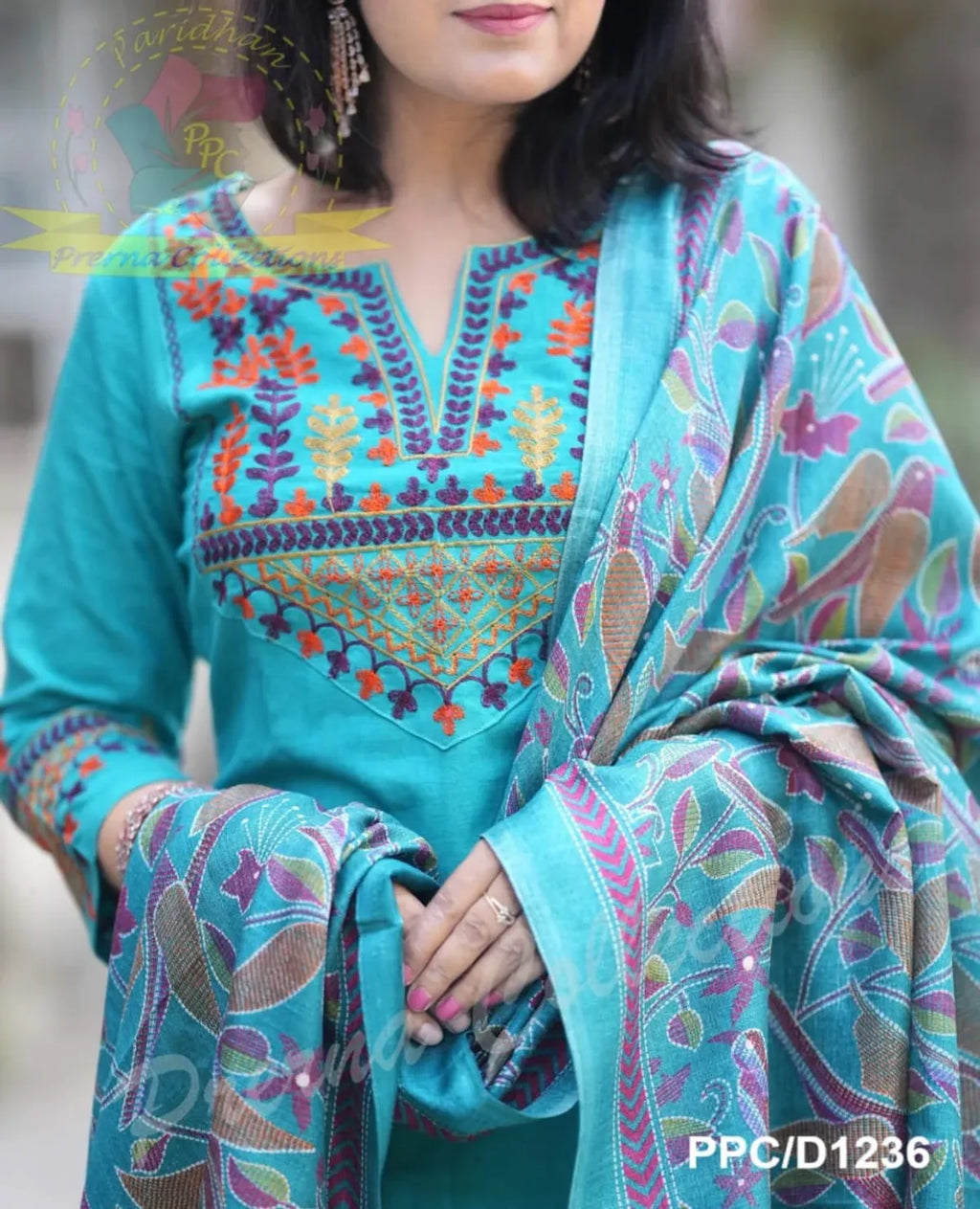 Elegant Teal Blue Embroidered Kurta Pant & Printed Dupatta Set for Women | Ethnic Cotton Suit