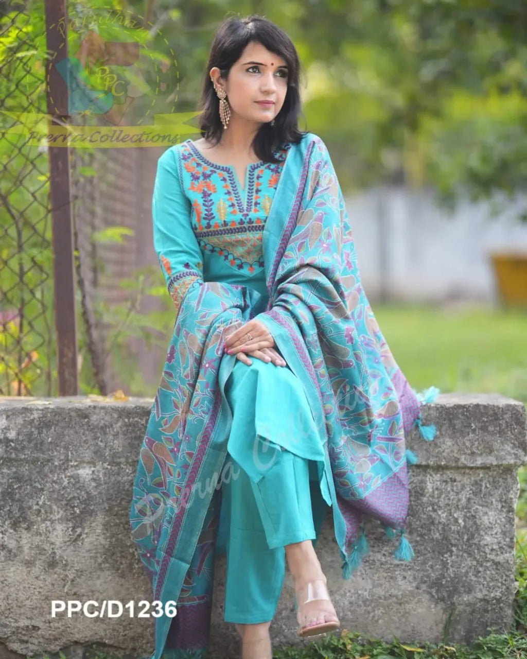 Elegant Teal Blue Embroidered Kurta Pant & Printed Dupatta Set for Women | Ethnic Cotton Suit