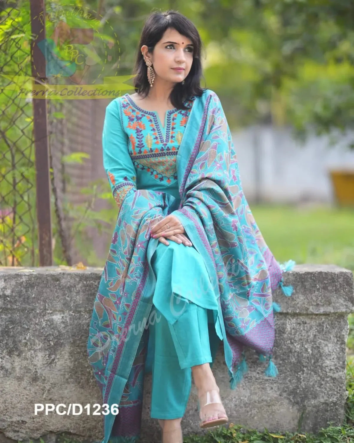 Elegant Teal Blue Embroidered Kurta Pant & Printed Dupatta Set for Women | Ethnic Cotton Suit