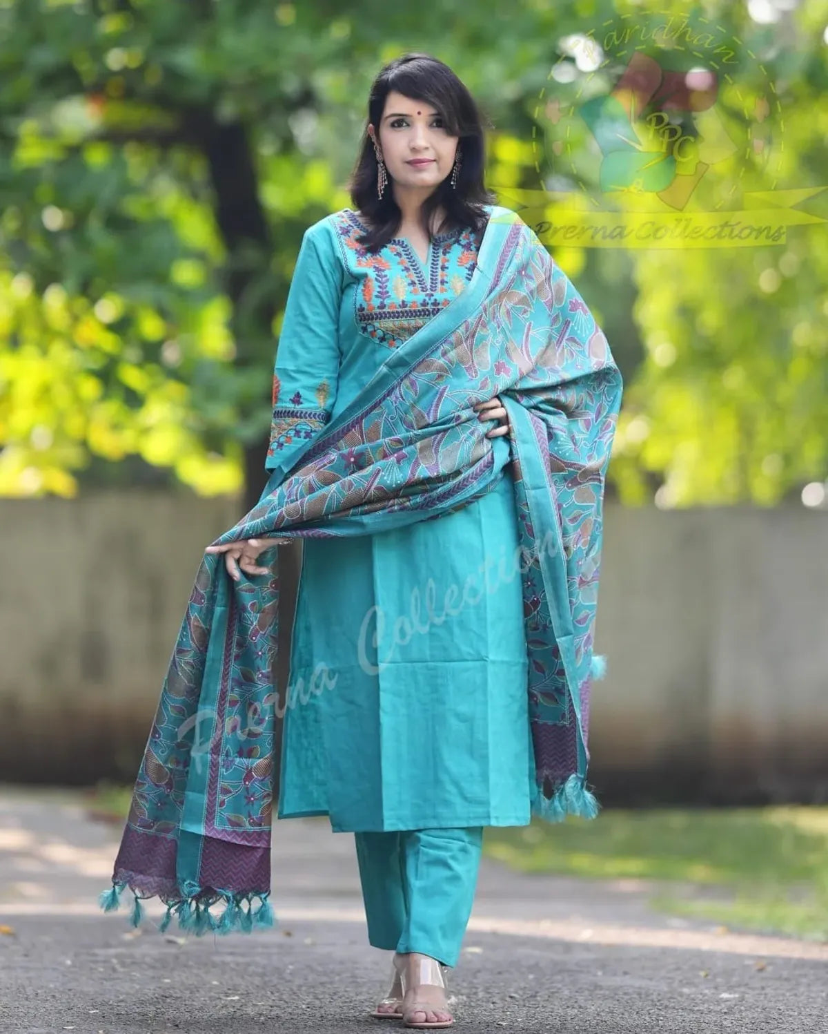 Elegant Teal Blue Embroidered Kurta Pant & Printed Dupatta Set for Women | Ethnic Cotton Suit