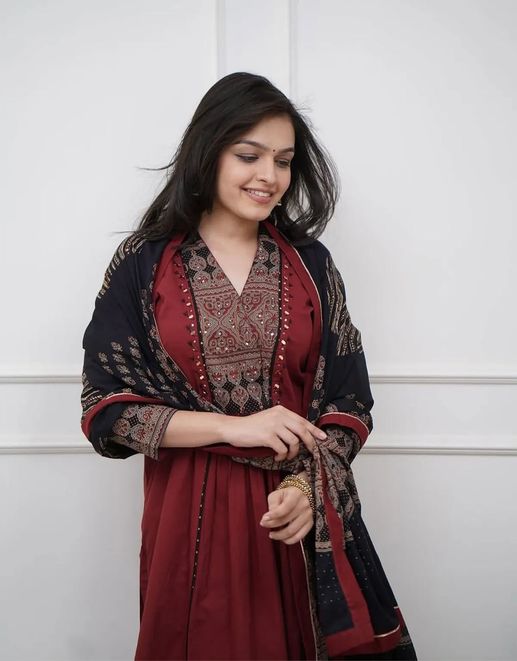 Elegant Maroon Printed Kurta Palazzo & Dupatta Set for Women | Ethnic Festive Wear