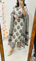 Elegant Ivory & Black Hand Block Printed Cotton Kurta Pant & Dupatta Set for Women | Ethnic Wear
