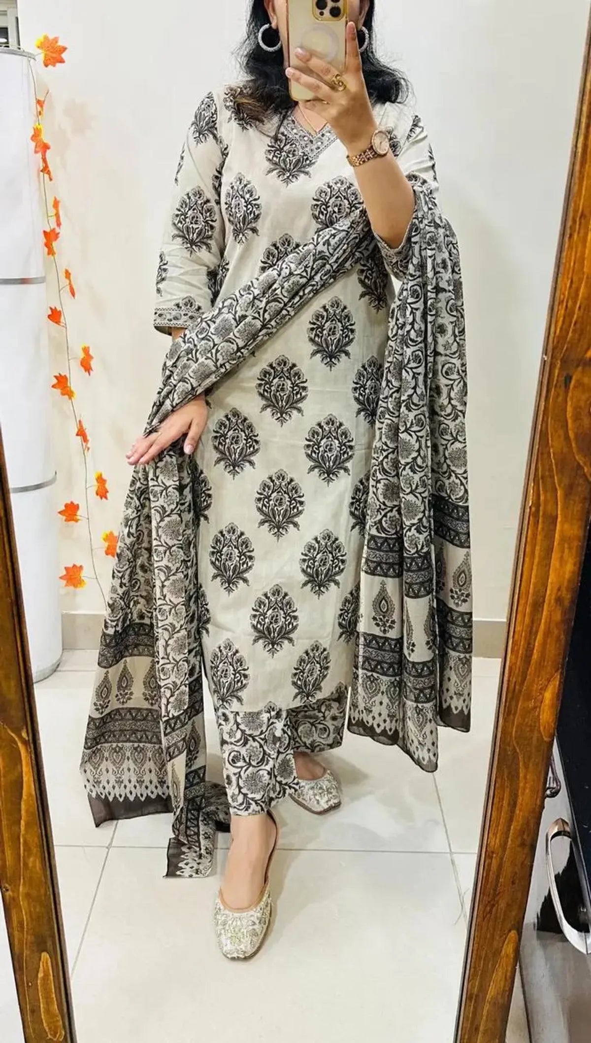 Elegant Ivory & Black Hand Block Printed Cotton Kurta Pant & Dupatta Set for Women | Ethnic Wear