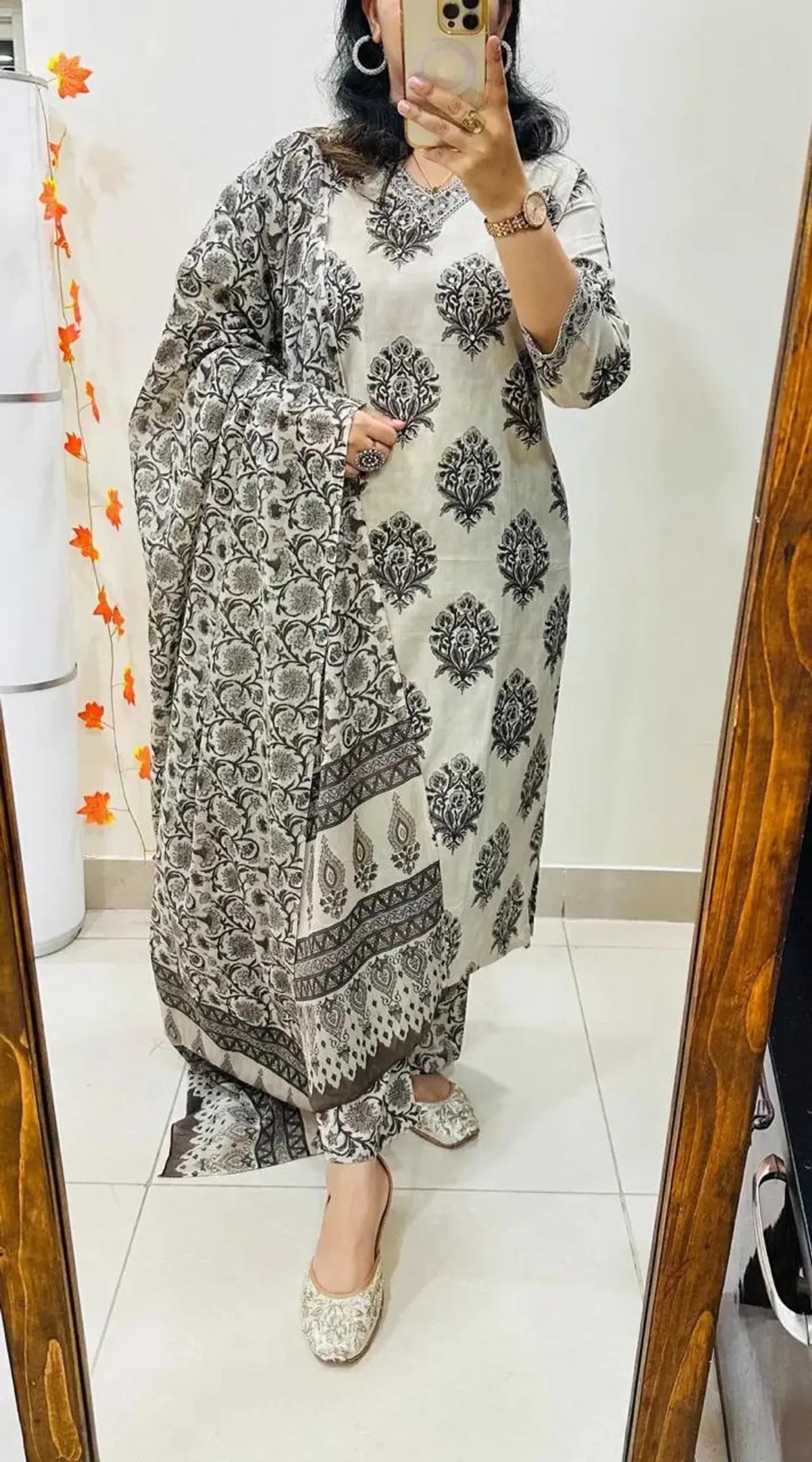 Elegant Ivory & Black Hand Block Printed Cotton Kurta Pant & Dupatta Set for Women | Ethnic Wear