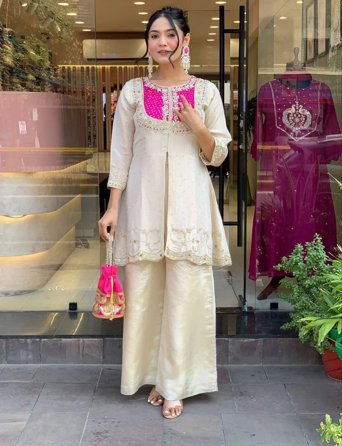 Elegant Ivory & Fuchsia Embroidered Kurta with Palazzo Set for Women | Festive & Party Wear Ethnic Suit