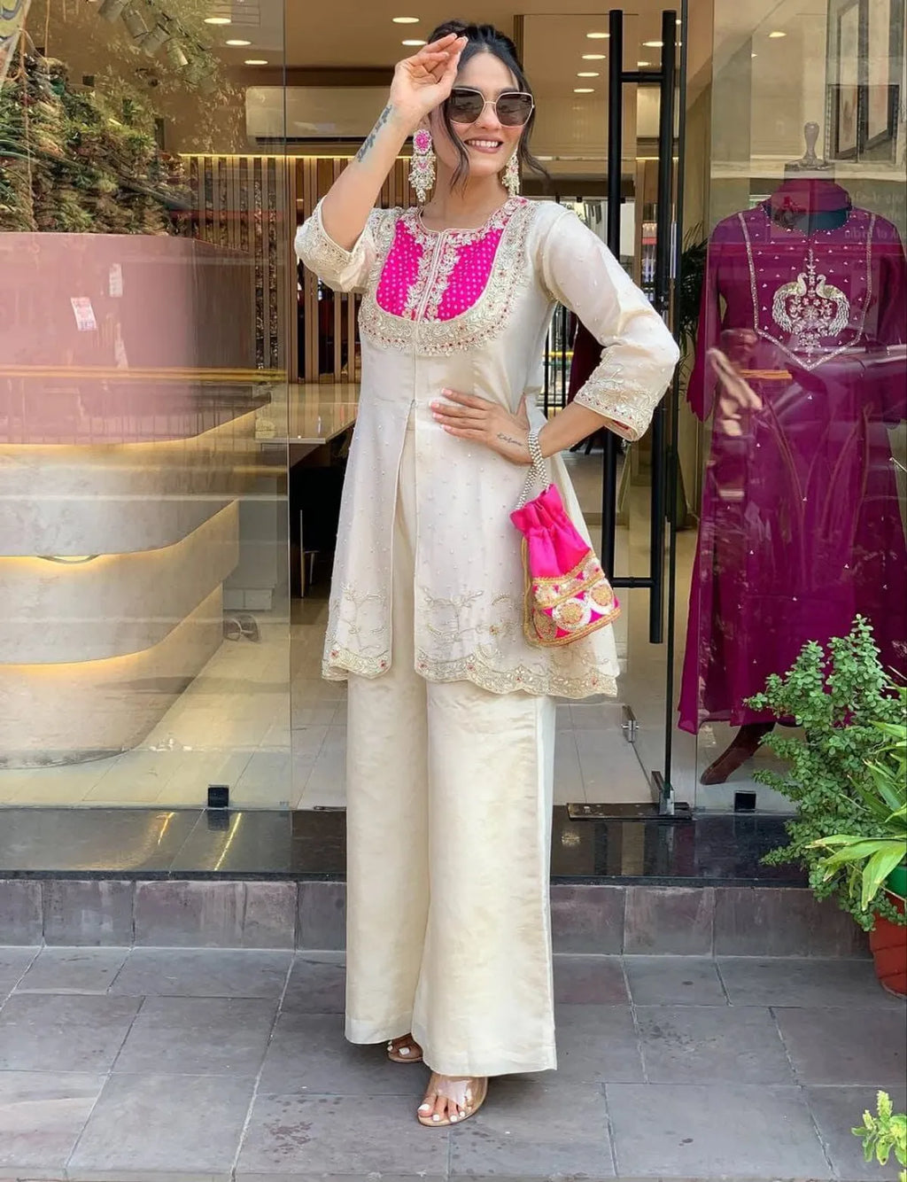 Elegant Ivory & Fuchsia Embroidered Kurta with Palazzo Set for Women | Festive & Party Wear Ethnic Suit