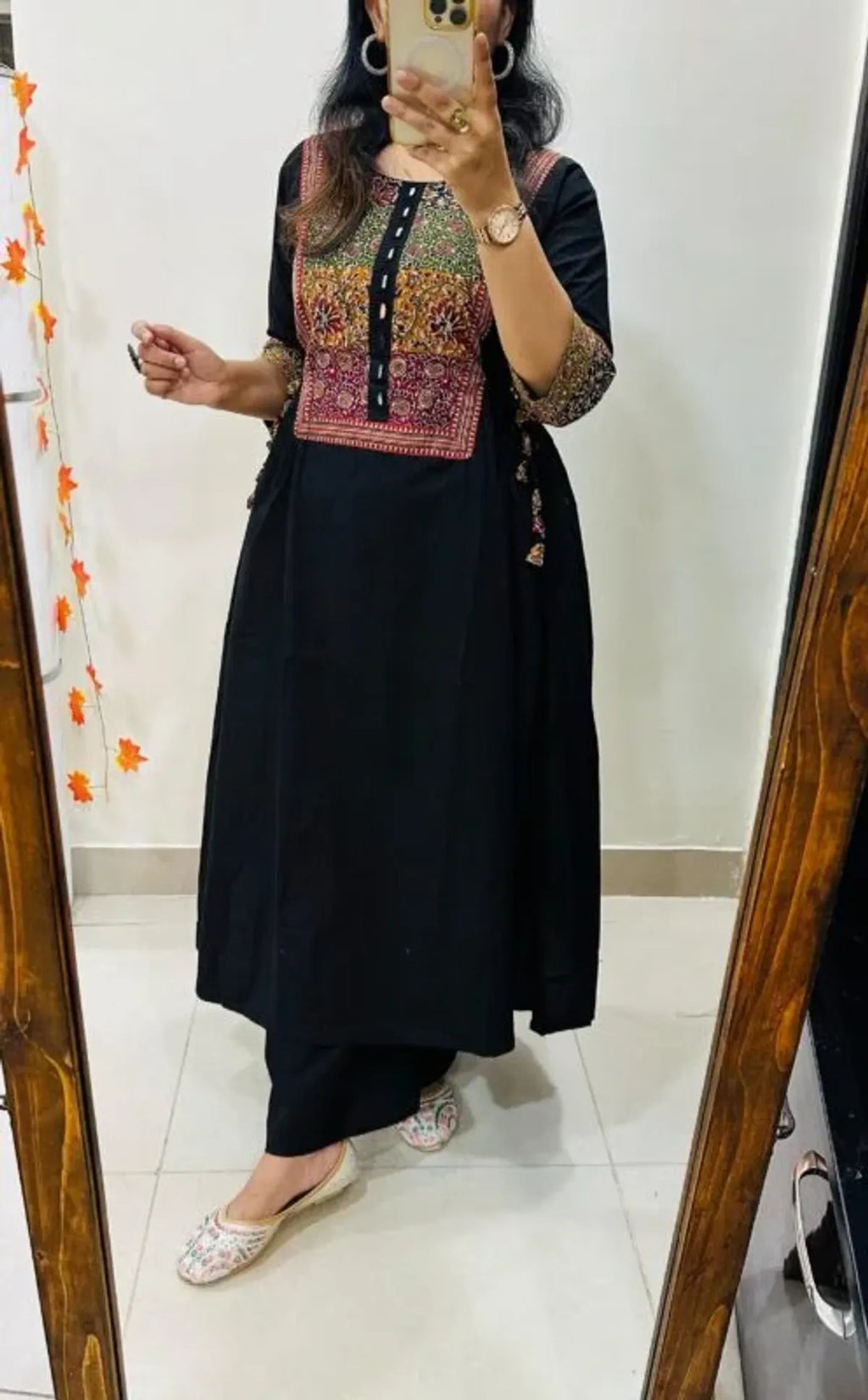 Midnight Black Ethnic Panel A-Line Kurta Set