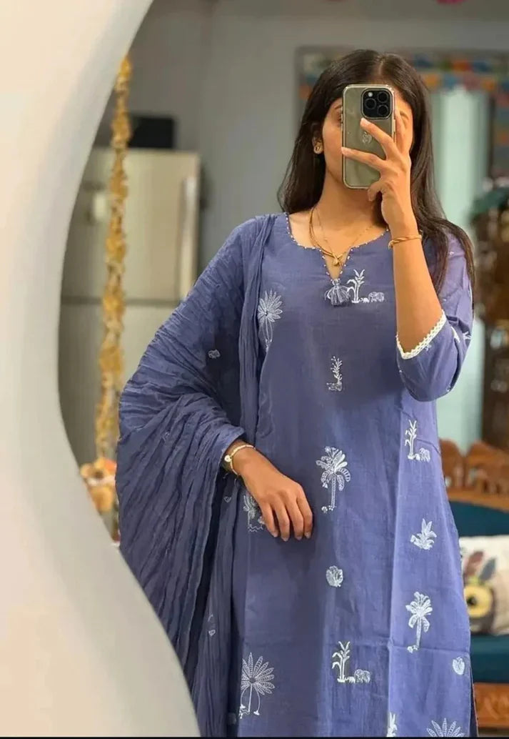 Lavender Bloom Handblock Printed Cotton Kurta Set with Dupatta