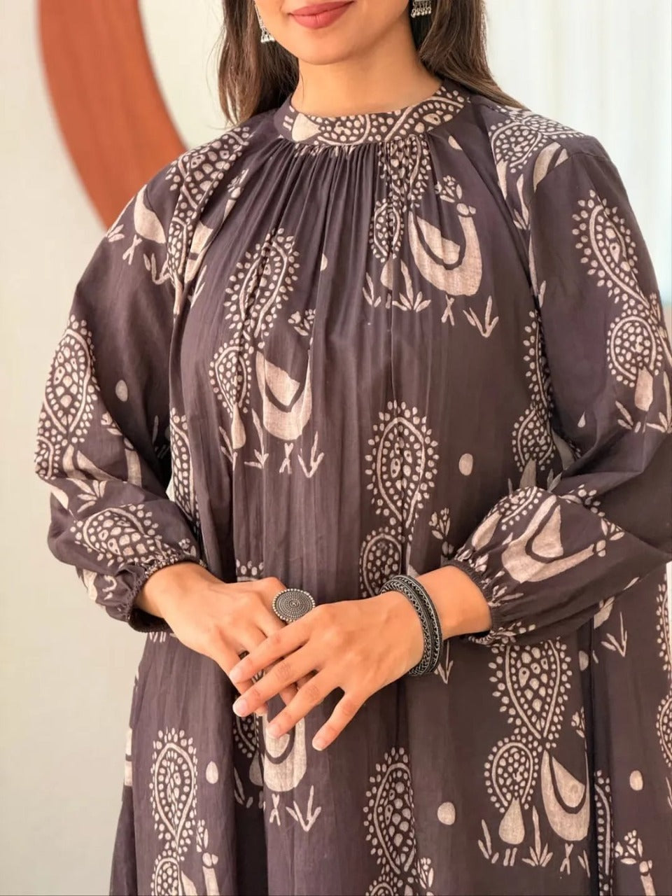 Mocha Brown Handblock Print A-Line Kurta Set for Women