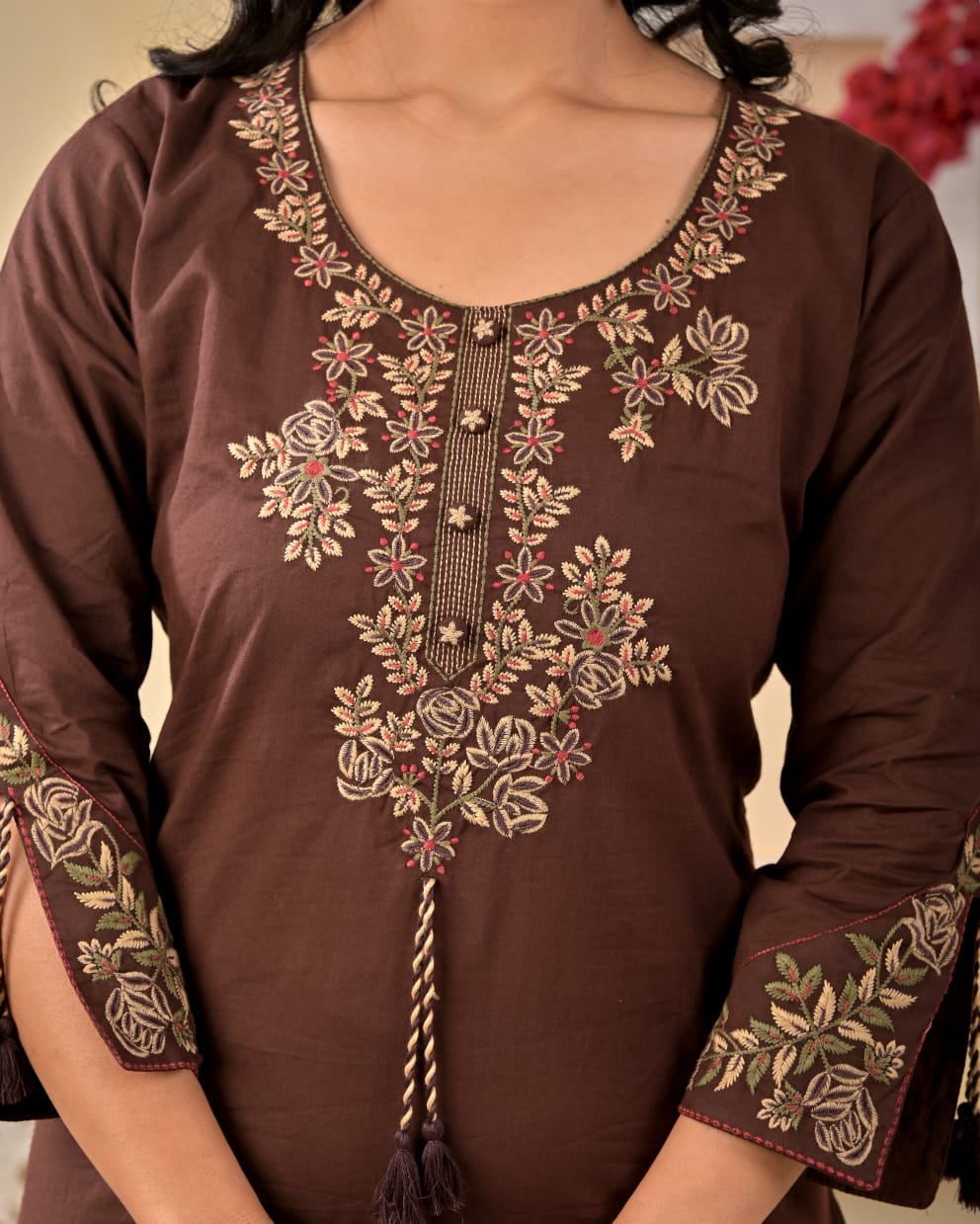 Earthy Brown Festive Kurta Set with Embroidered Dupatta