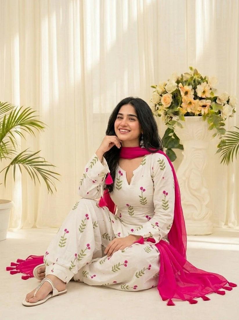 Ivory Bloom Printed Kurta Set with Fuchsia Tassel Dupatta