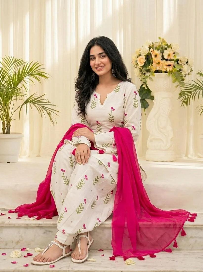 Ivory Bloom Printed Kurta Set with Fuchsia Tassel Dupatta