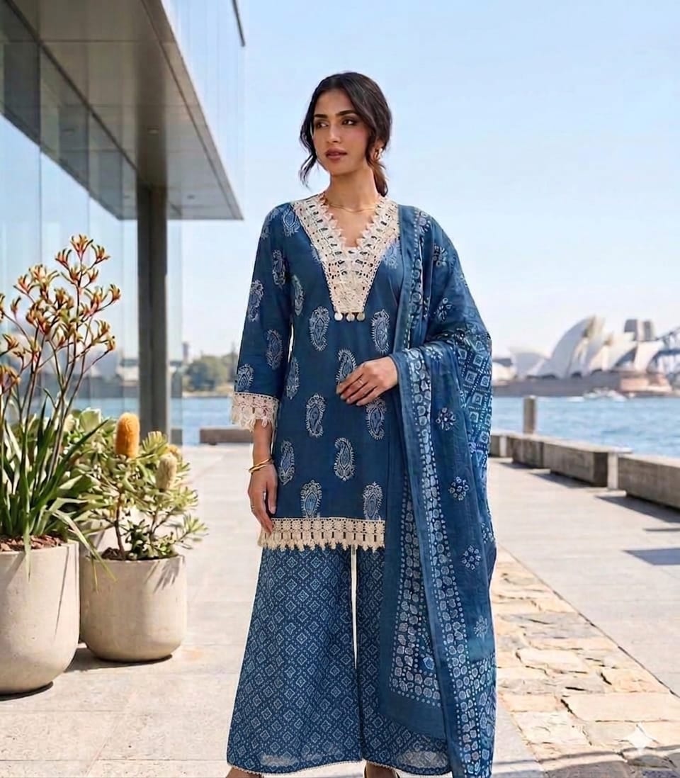 Royal Indigo Handblock Print Kurta Palazzo Set with Dupatta