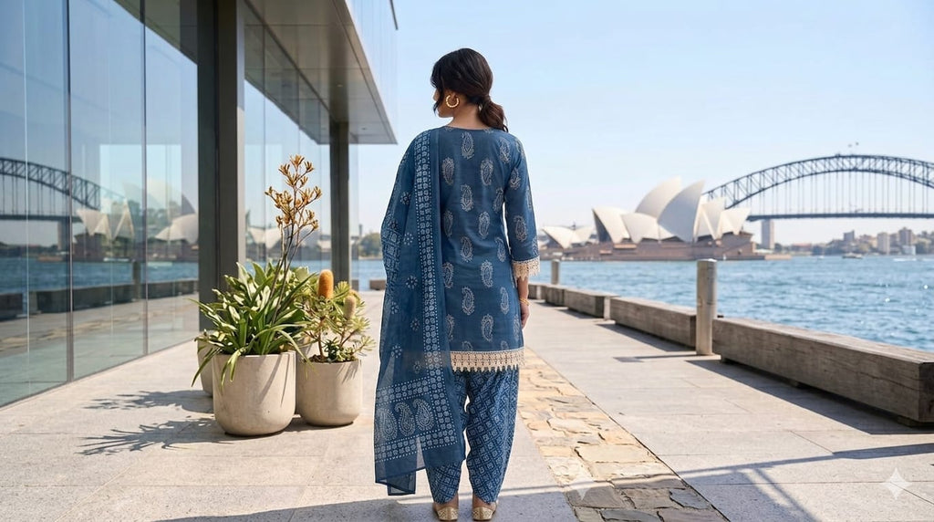 Royal Indigo Handblock Print Kurta Palazzo Set with Dupatta