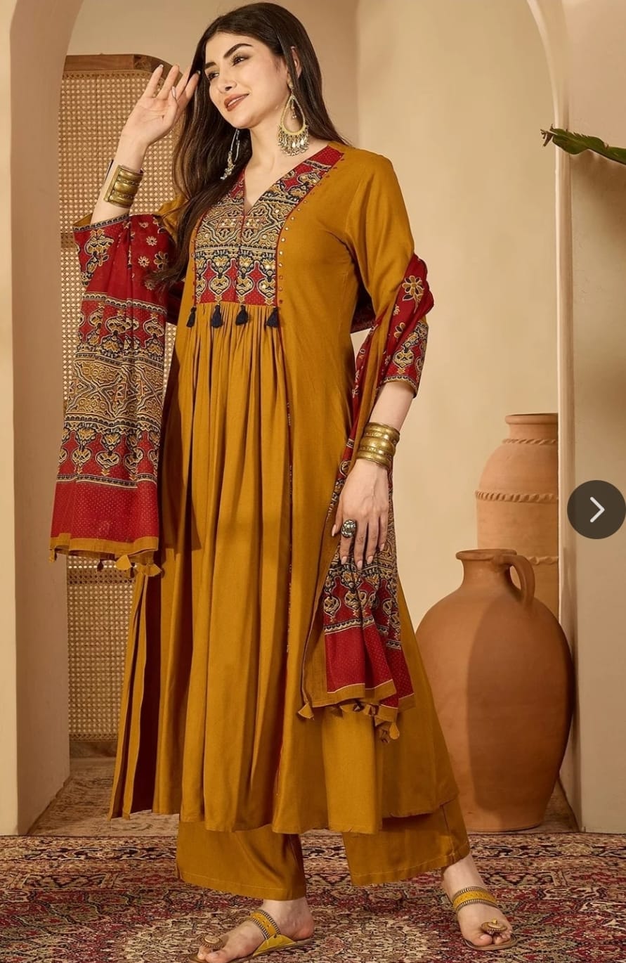 Mustard Yellow Printed Anarkali Kurta Set with Palazzo & Ajrakh-Inspired Dupatta