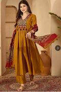 Mustard Yellow Printed Anarkali Kurta Set with Palazzo & Ajrakh-Inspired Dupatta