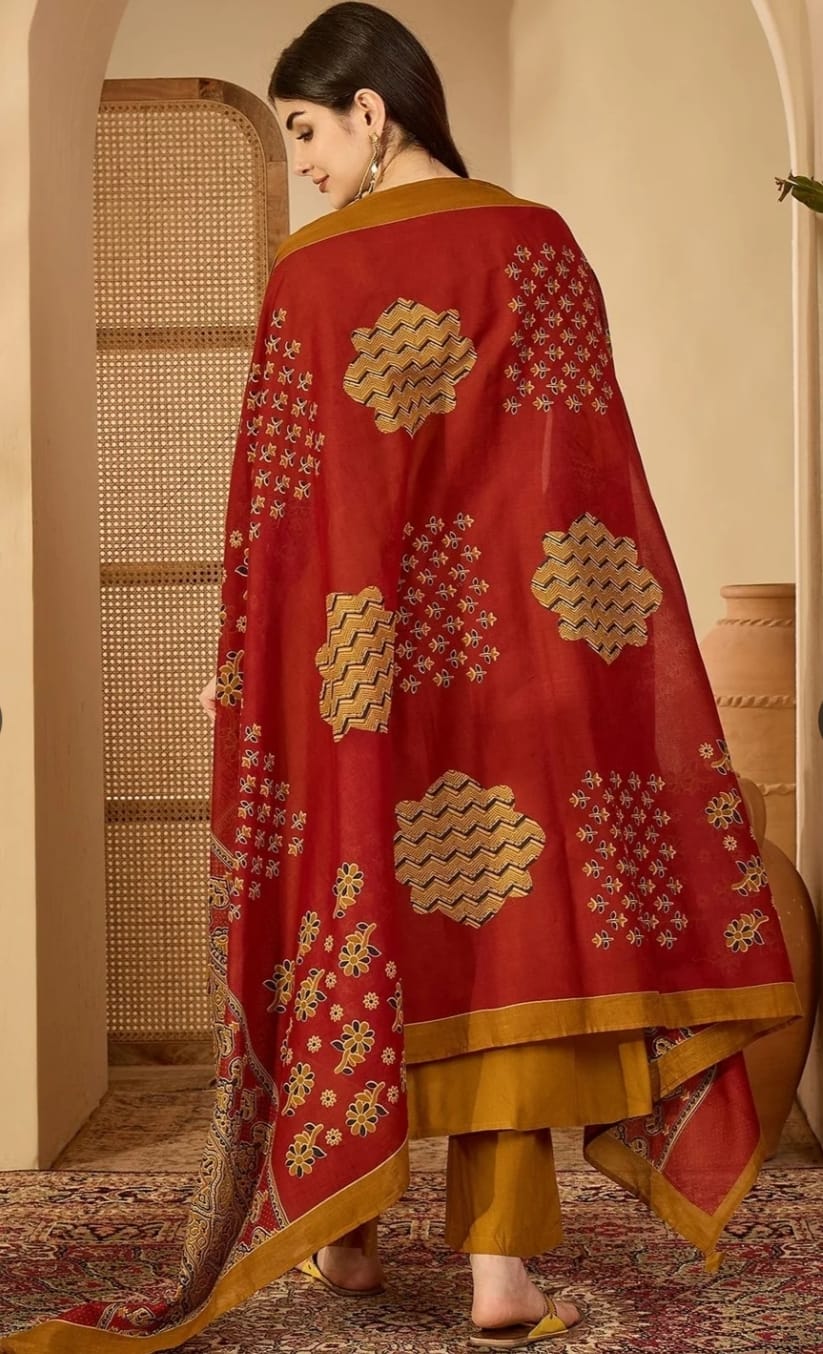 Mustard Yellow Printed Anarkali Kurta Set with Palazzo & Ajrakh-Inspired Dupatta